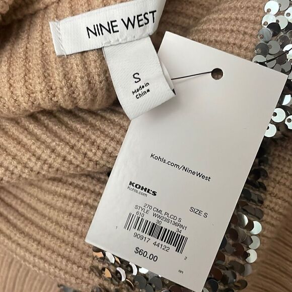 Nine West Mock Zip Neck Sequined Striped Sweater S Camel - Picture 5 of 9